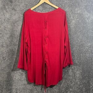 Umgee Red Hi-Low Tunic Top M Lace-Up Back Boho Oversized Long Sleeve